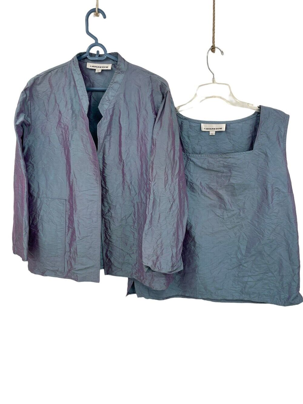 Caroline Rose Jacket Sleeveless Top Blue Purple Iridescent Crinkle Silk Large